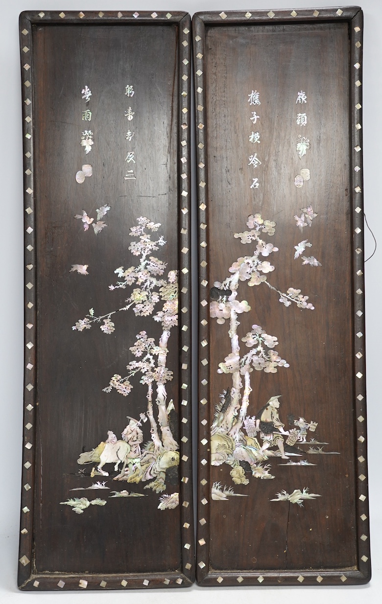 A pair of Chinese mother of pearl inlaid panels, 68 x 20cm. Condition - poor to fair